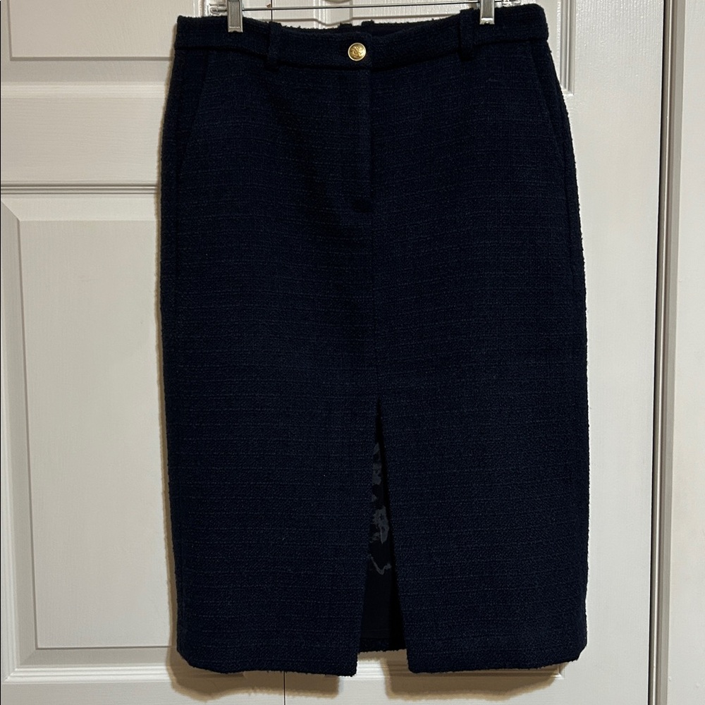 J. Crew Navy Tweed Pencil Skirt with Front Vent